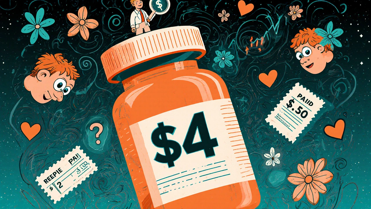 A pharmacist stands on a giant generic pill bottle, fighting against a corporate PBM logo.