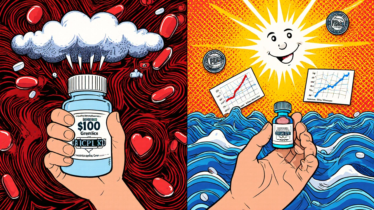 A split scene contrasting the stress of expensive medication with the freedom of affordable generics, surrounded by floating health data.