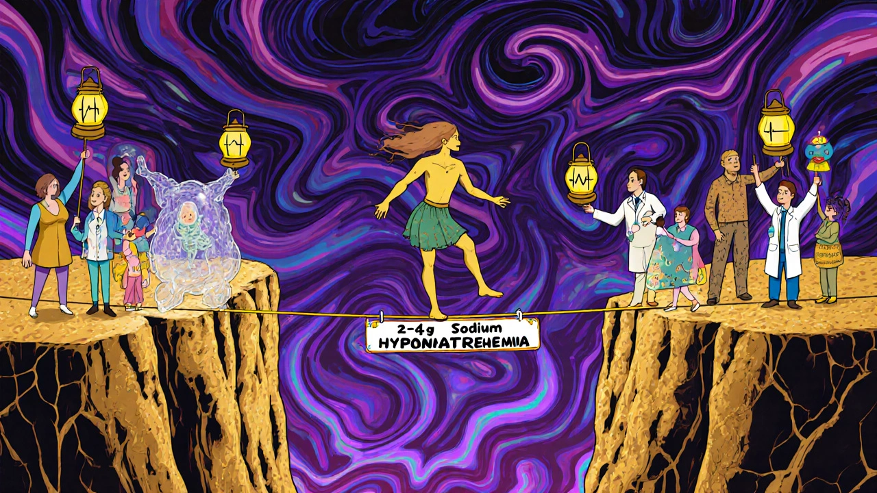 A tightrope walker between hyponatremia and hypernatremia chasms, guided by a medical team with lanterns.