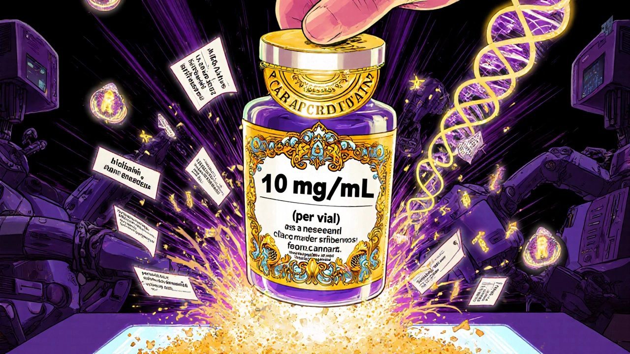 A vibrant, exploding medication label with correct mg/mL formatting and PCAB accreditation seal.
