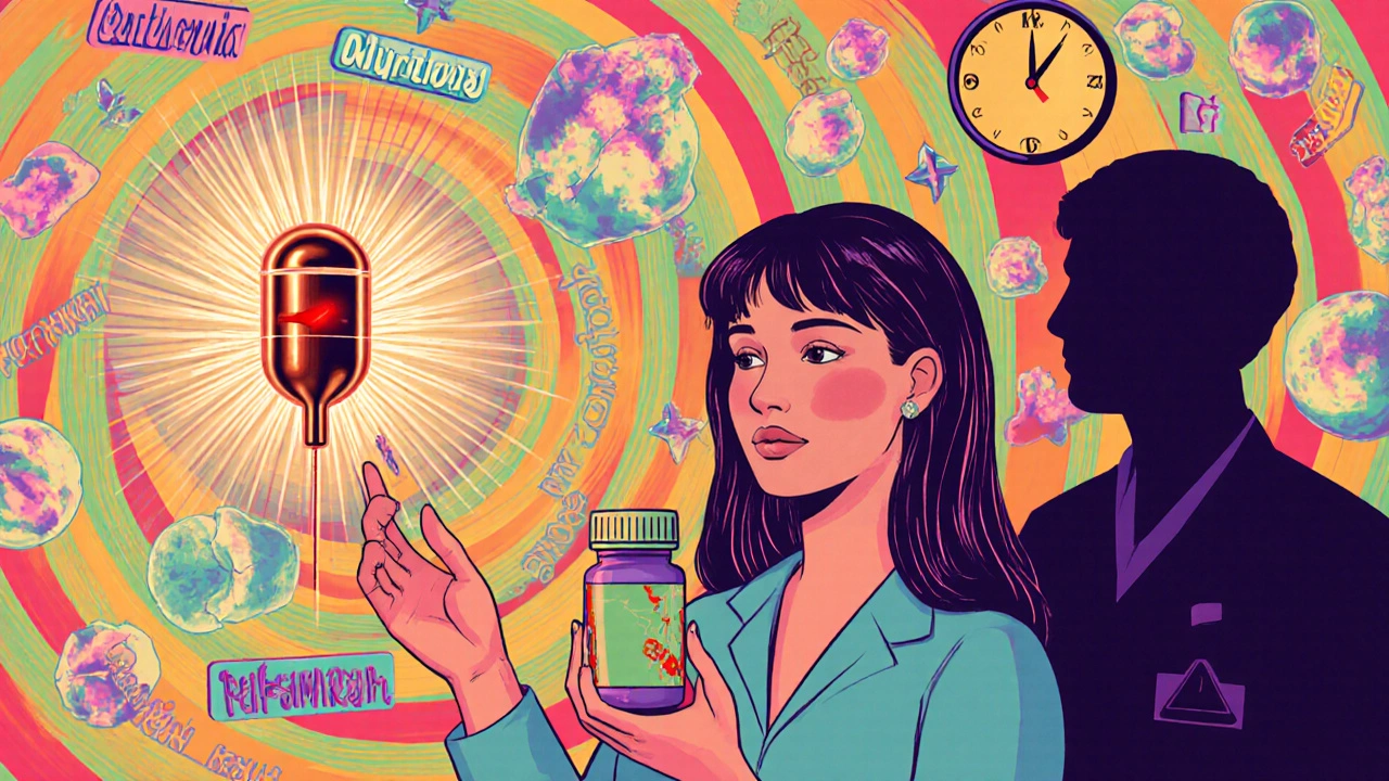 A woman beside a copper IUD, with only rifampin glowing red among other antibiotics on a warning wall and a 28-day clock.