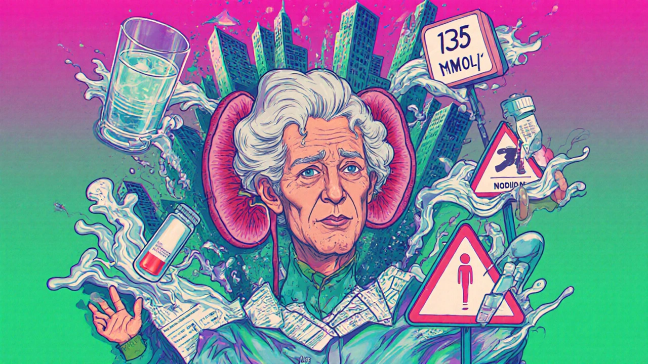 An elderly person surrounded by floating medical symbols, with a cracked kidney emitting opposing winds.