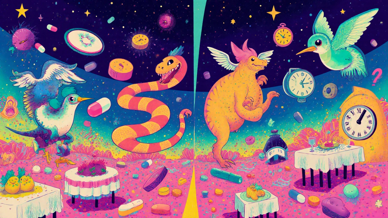 Anthropomorphic ED medications racing in a surreal landscape with clocks and food symbols.