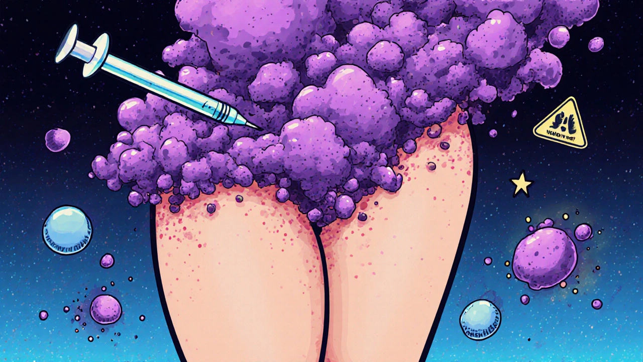 Close-up of a needle injecting into a thigh, with explosive bruise clouds and bloated fat cells in surreal, colorful patterns.