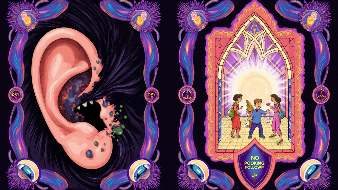 Contrasting image of infected ear vs. healed eardrum with protective shields and cosmic patterns.