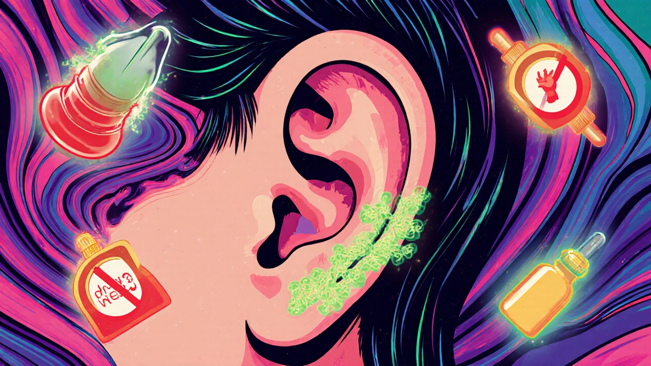 Cross-section of an ear showing healing tissue forming over weeks in glowing colors and protective symbols.