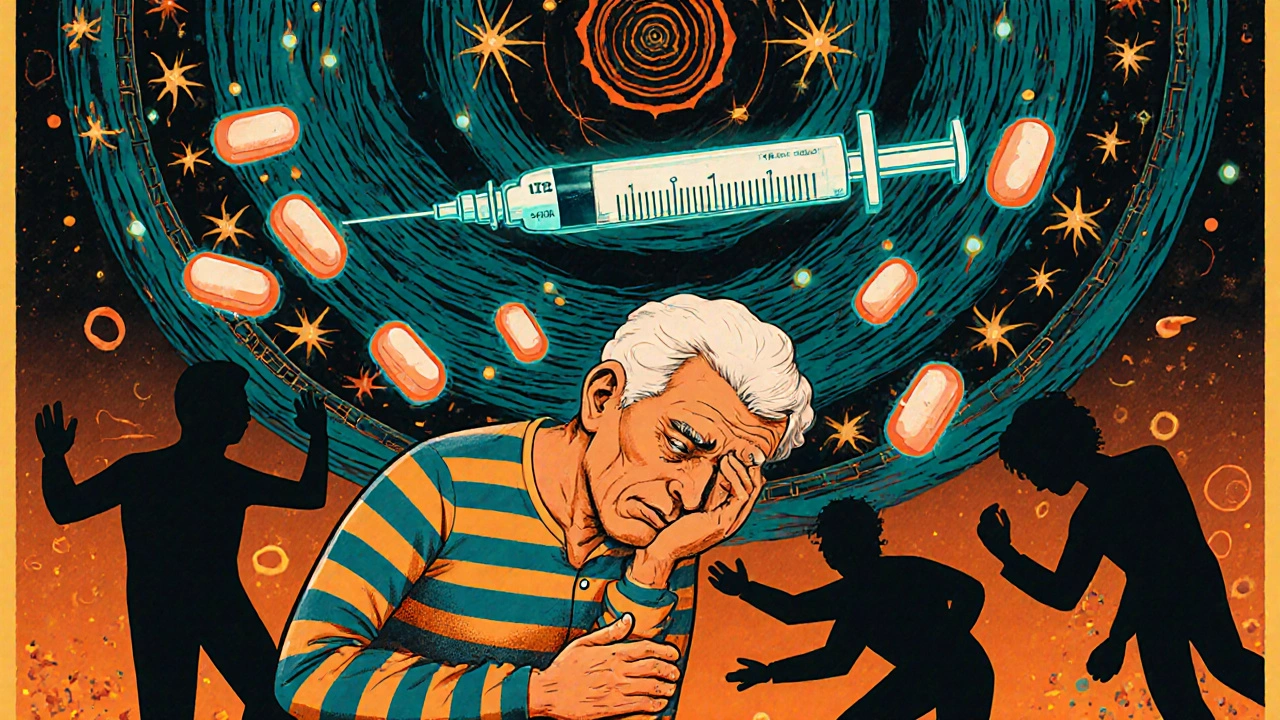 Elderly man surrounded by dangerous pills and floating glucagon syringe in surreal colors