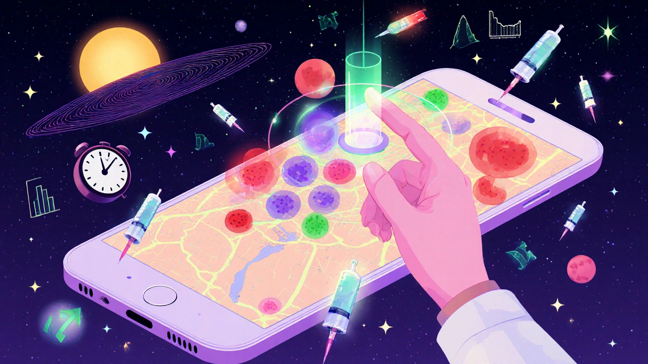 Floating holographic body map showing colored injection sites, with a hand rotating to a fresh area under a rising sun of stable blood sugar.