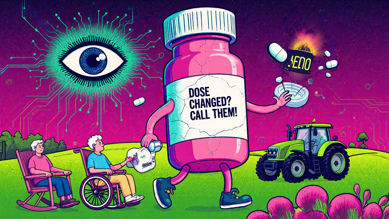 Friendly pill bottle delivering meds to seniors and rural residents under an AI eye monitoring adherence.