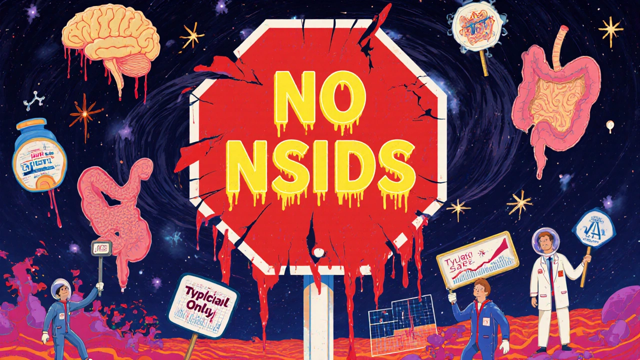 Giant red stop sign shaped like a torso with bleeding organs and warnings, surrounded by safe pain relief options in psychedelic art.