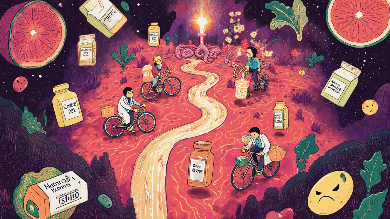 Human body as a landscape with pharmacists delivering nutrients to cells, surrounded by food and drug icons.