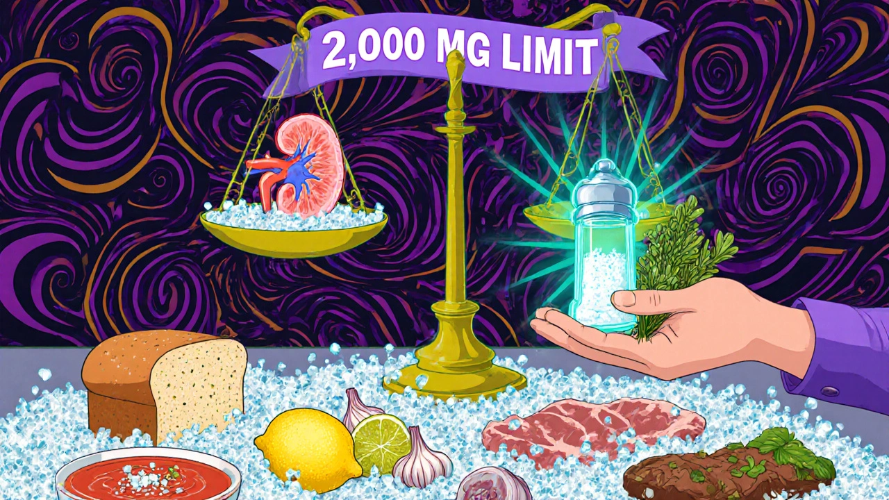 Kitchen scene with exploding processed foods turning to salt, balanced by healthy herbs and a glowing sodium limit.