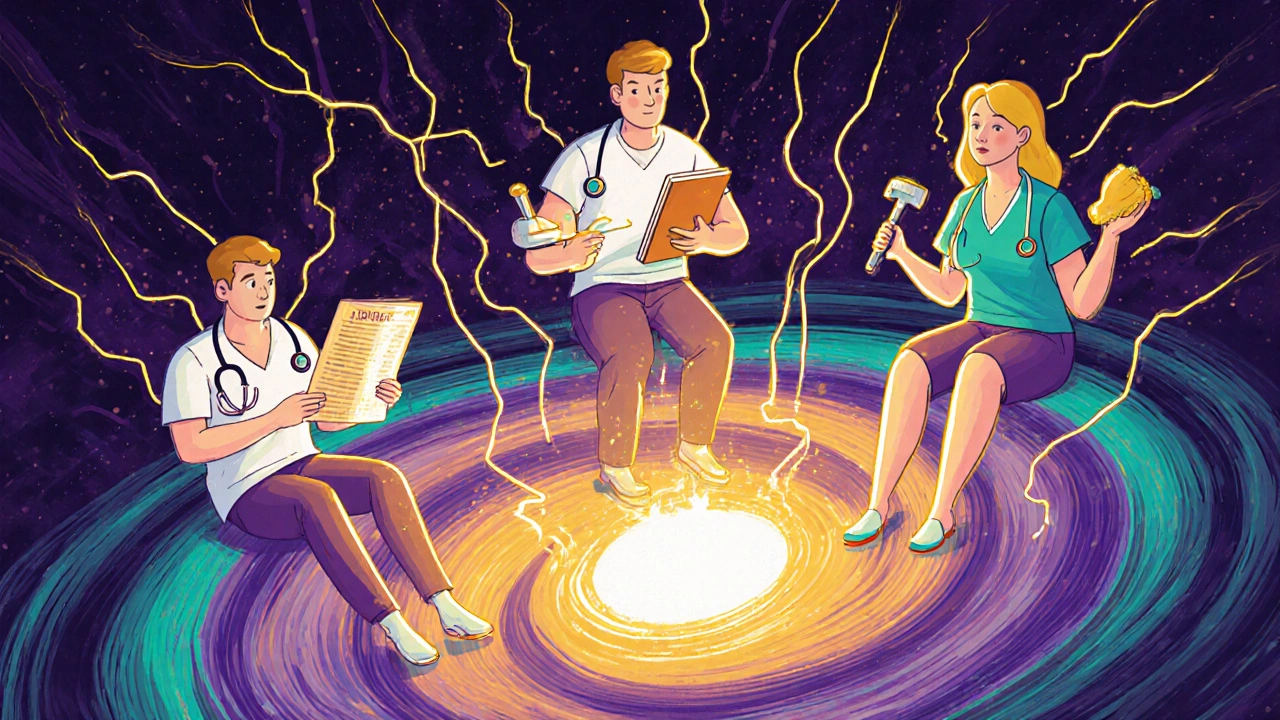 Medical team connected by vein-like light paths, helping a patient’s legs drain fluid into a rising sun.