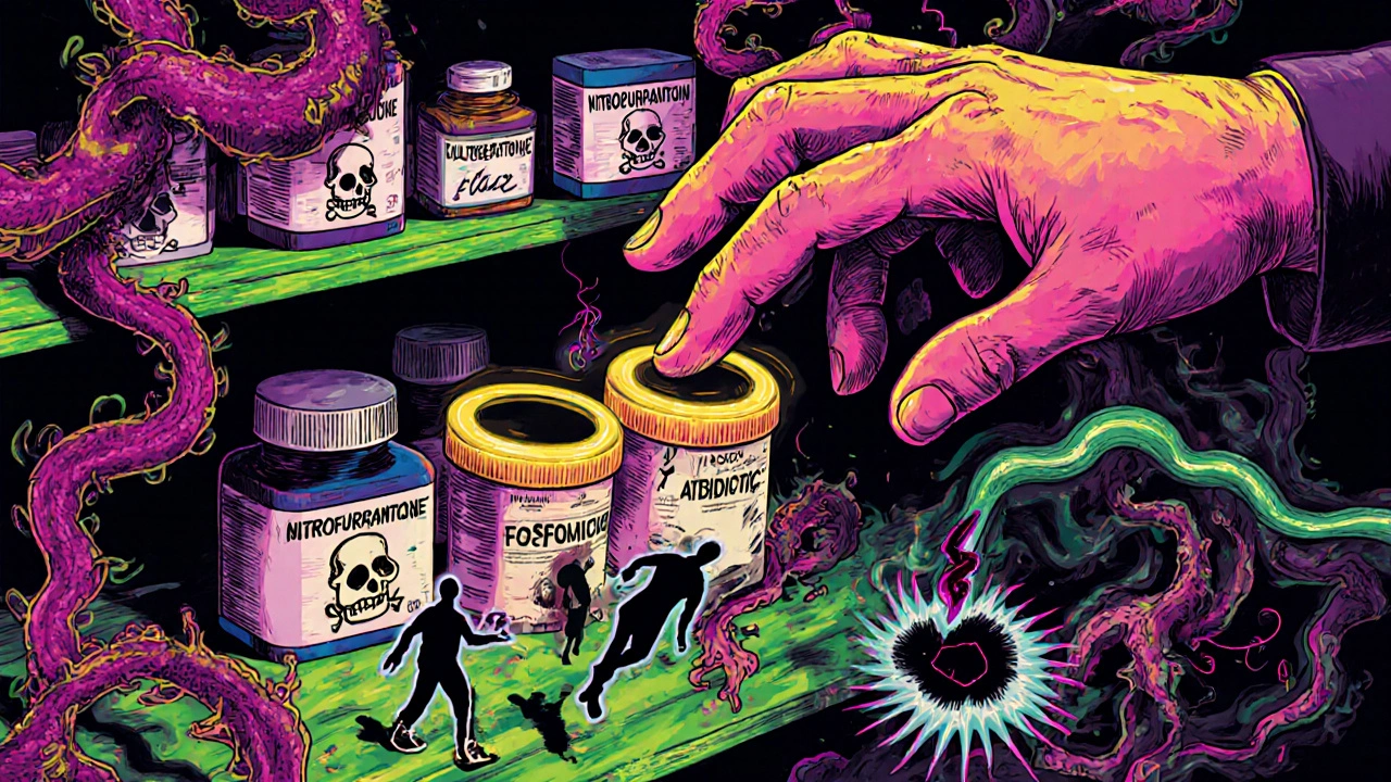 Pharmacy shelf with dangerous antibiotics glowing ominously as safer drugs shine, patients falling in background.