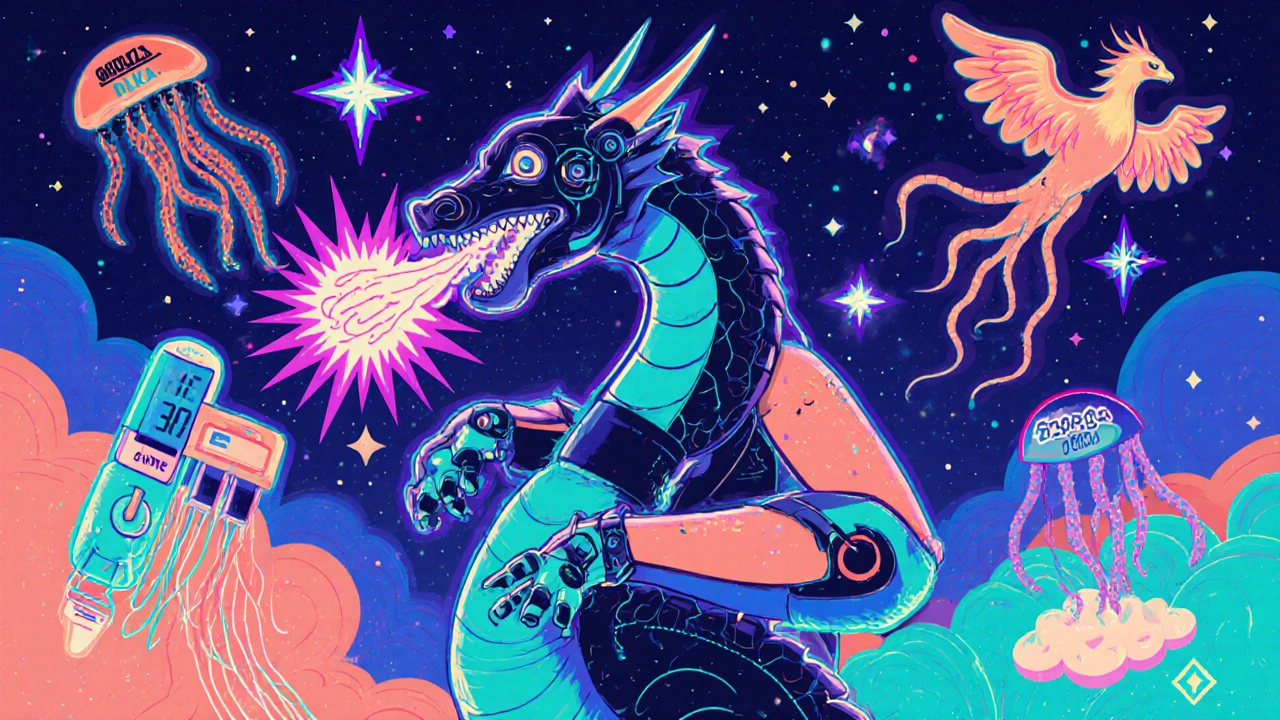 Robotic insulin pump as a dragon with glucose data streams, battling DKA jellyfish