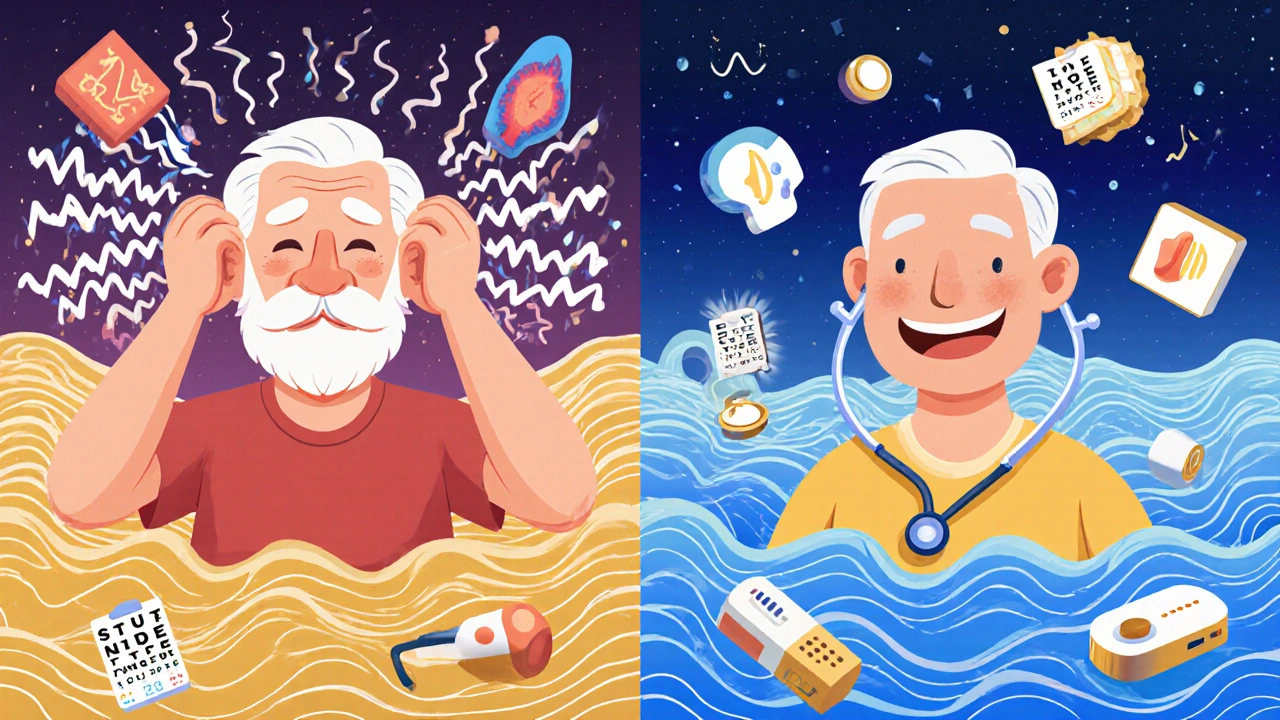Split illustration of a man before and after switching blood pressure medication, with sound waves transforming from chaotic to calm.