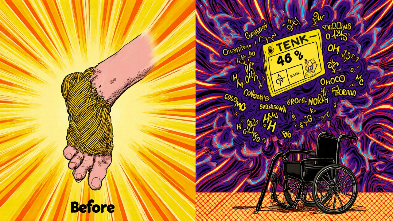 Split image: healthy tendon vs. shredded tendon with medical warning symbols in psychedelic op-art style.