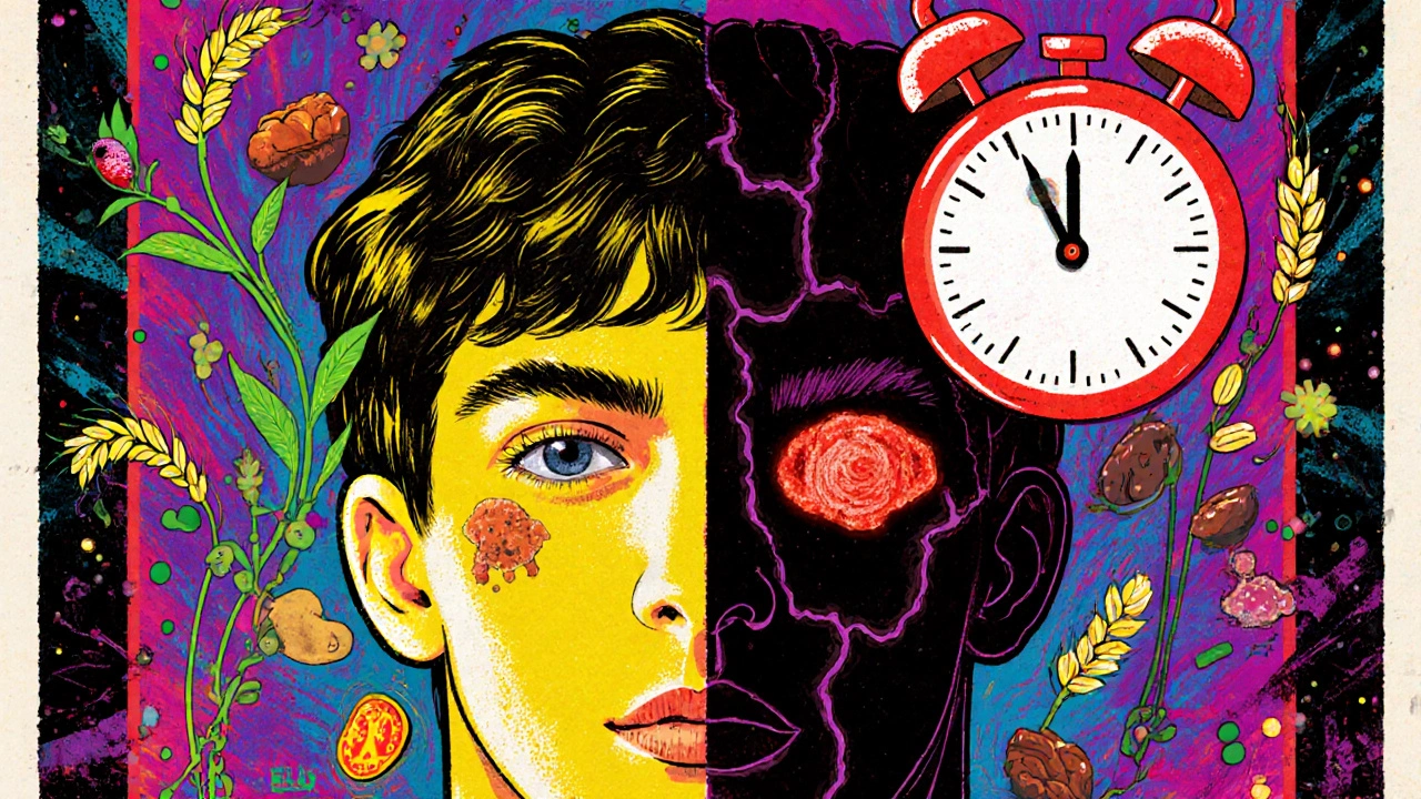 Split portrait: one side healthy with plants, the other dark with cholesterol tumors and a ticking clock to age 30.