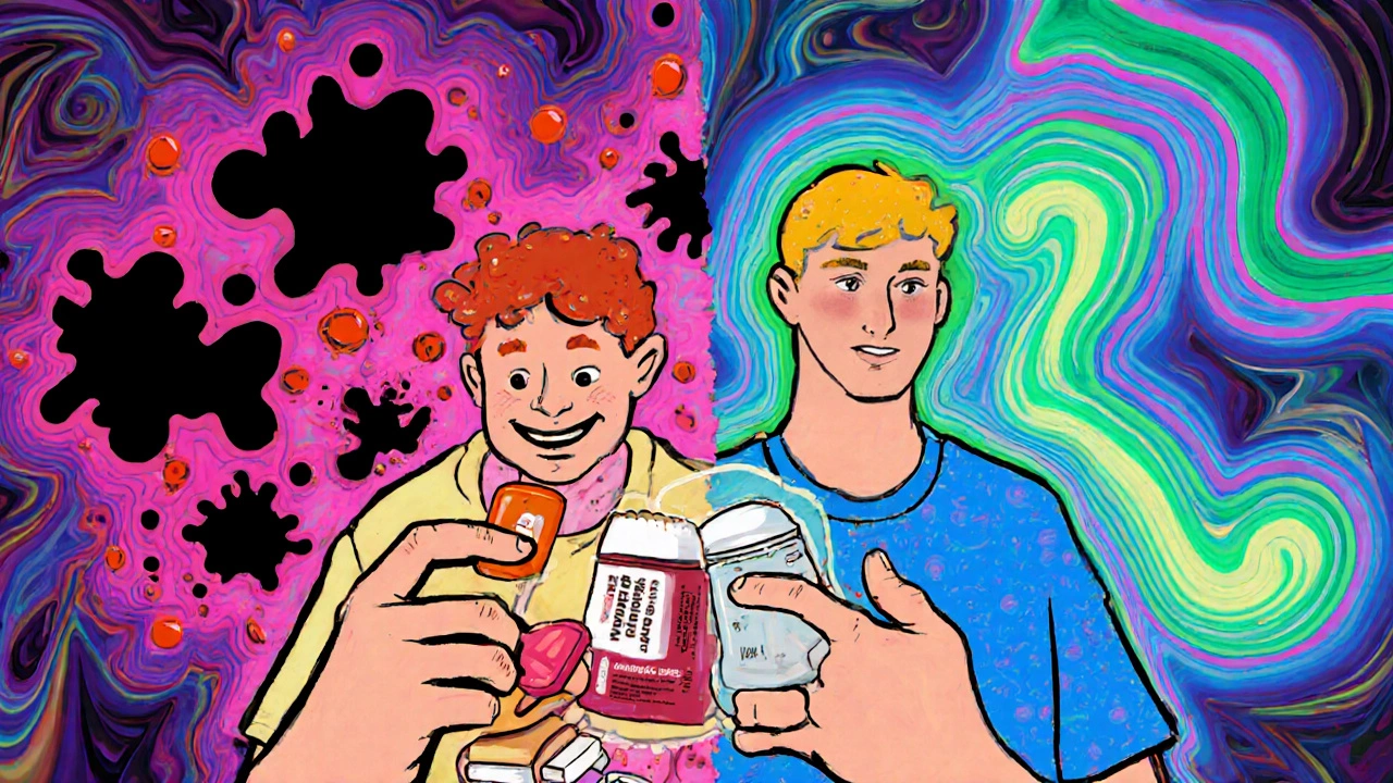 Split scene: dangerous NSAID use with warfarin versus safe alternatives like topical gel and acetaminophen in psychedelic style.