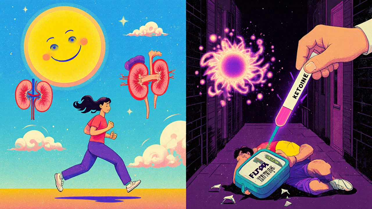 Split scene: healthy person jogging vs. collapsed patient with ketone clouds and a broken glucose meter reading normal sugar.