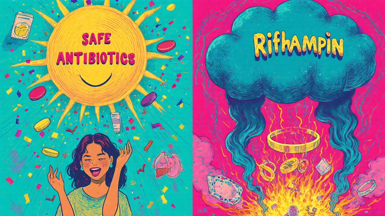 Split scene: one side safe antibiotics as confetti, other side rifampin storm destroying birth control with a glowing liver in background.