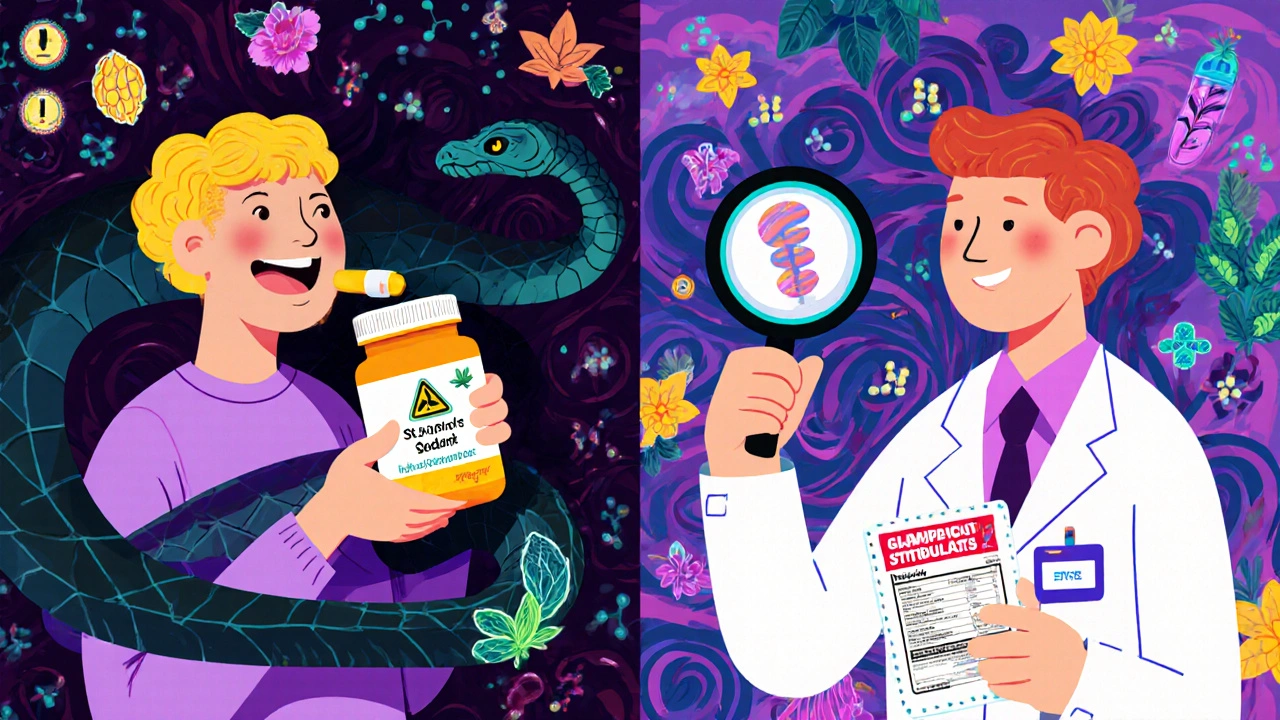 Split scene showing dangerous supplement interaction vs. safe pharmacist consultation with glowing warning symbols.