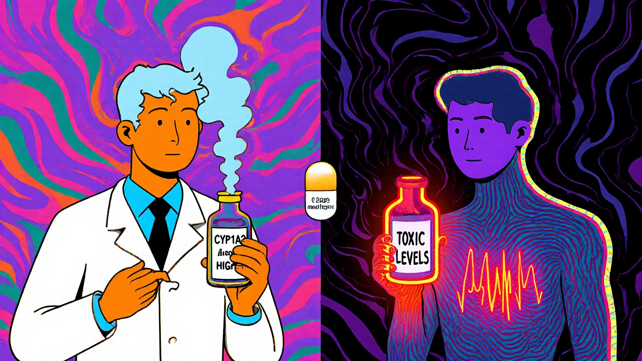 Split scene: smoker vs. quitter with high and toxic drug levels, framed by a caffeine test capsule in vibrant op-art colors.