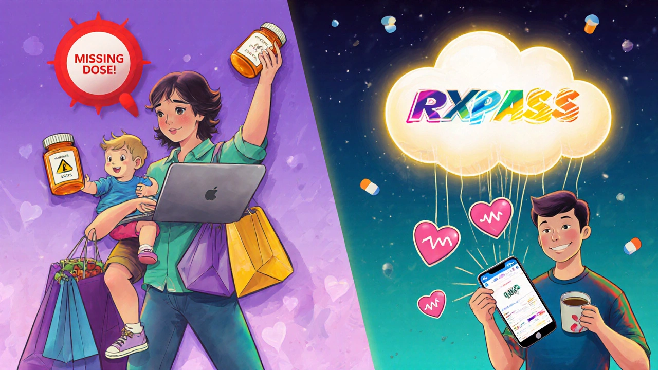 Split scene: stressed parent vs. calm person receiving automated pills with health icons syncing to a phone.