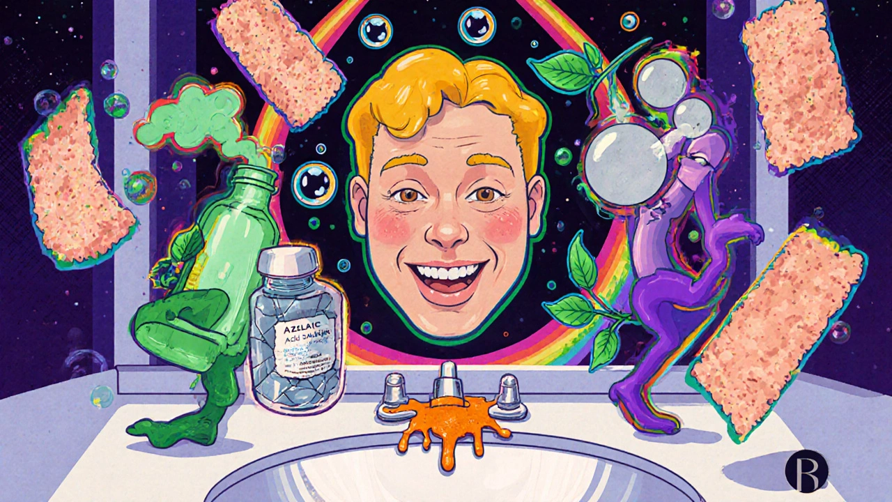 Surreal bathroom counter with alternative acne treatments glowing gently around a broken Benzac AC bottle and a clear-skinned face.