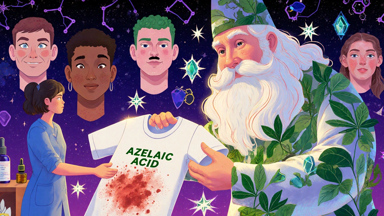 Wizard dermatologist transforms a stained shirt into clean fabric using natural acne-fighting crystals and leaves in a psychedelic scene.