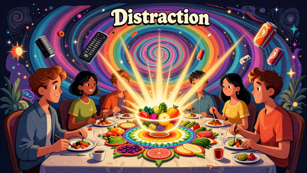 A family eats mindfully at a table with glowing fruit, while screens vanish into a psychedelic vortex.
