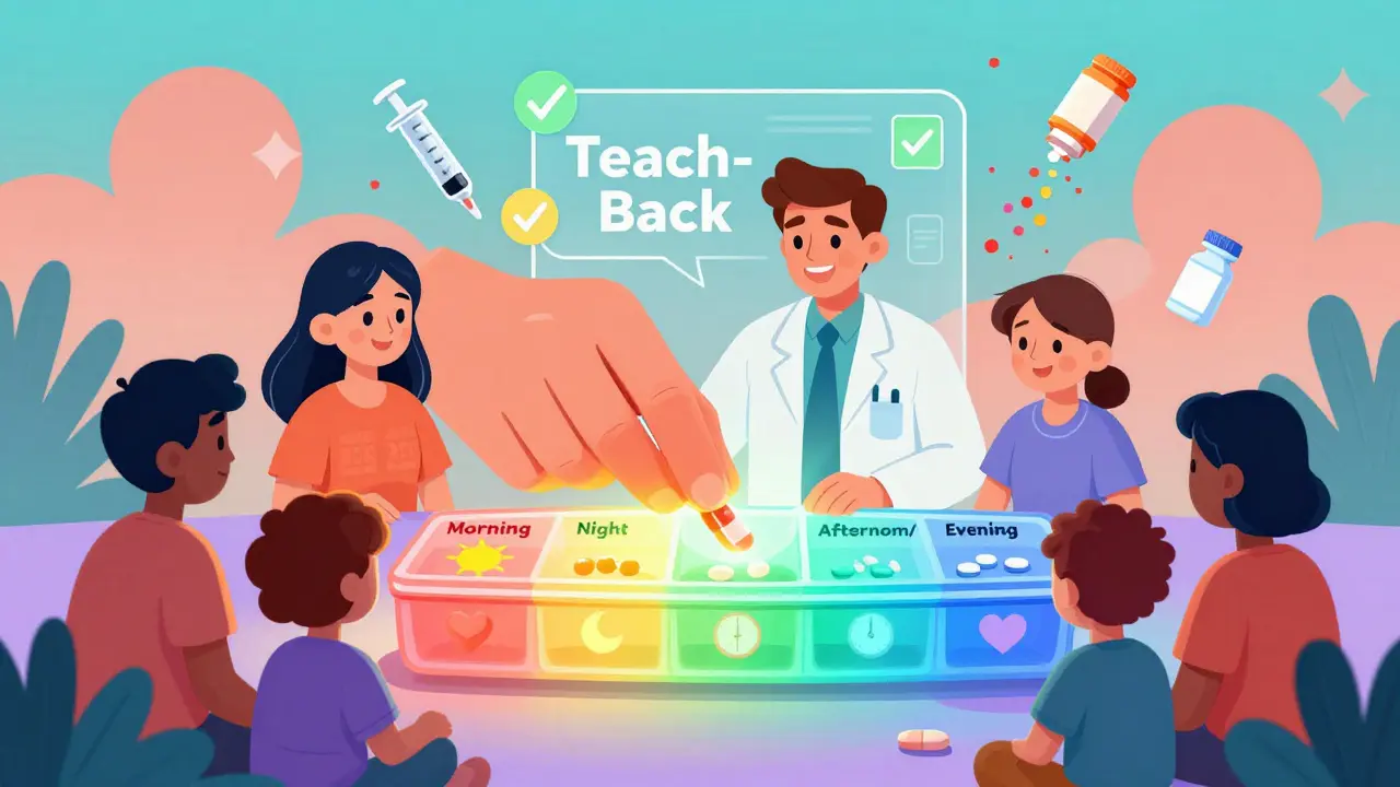 A family using a colorful pill organizer with glowing icons, while doctors appear as holograms above them.