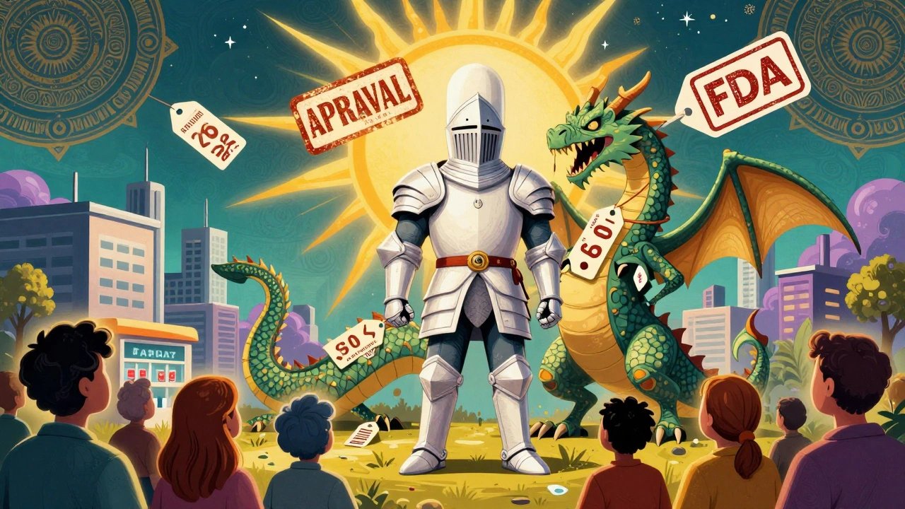 A generic pill as a knight defeating a dragon of price tags, under an FDA sun, in bold psychedelic poster art style.