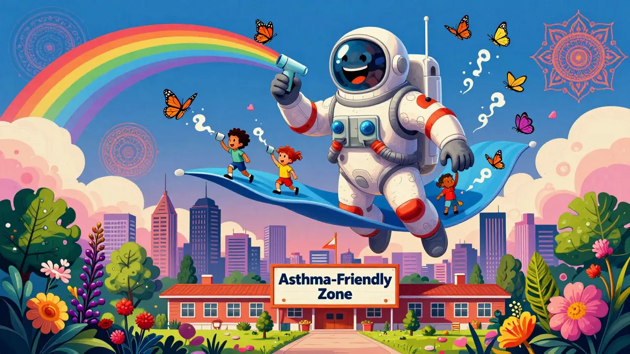 A giant floating spacer carrying children like a magic carpet, releasing medicine mist that turns into butterflies above a school skyline.