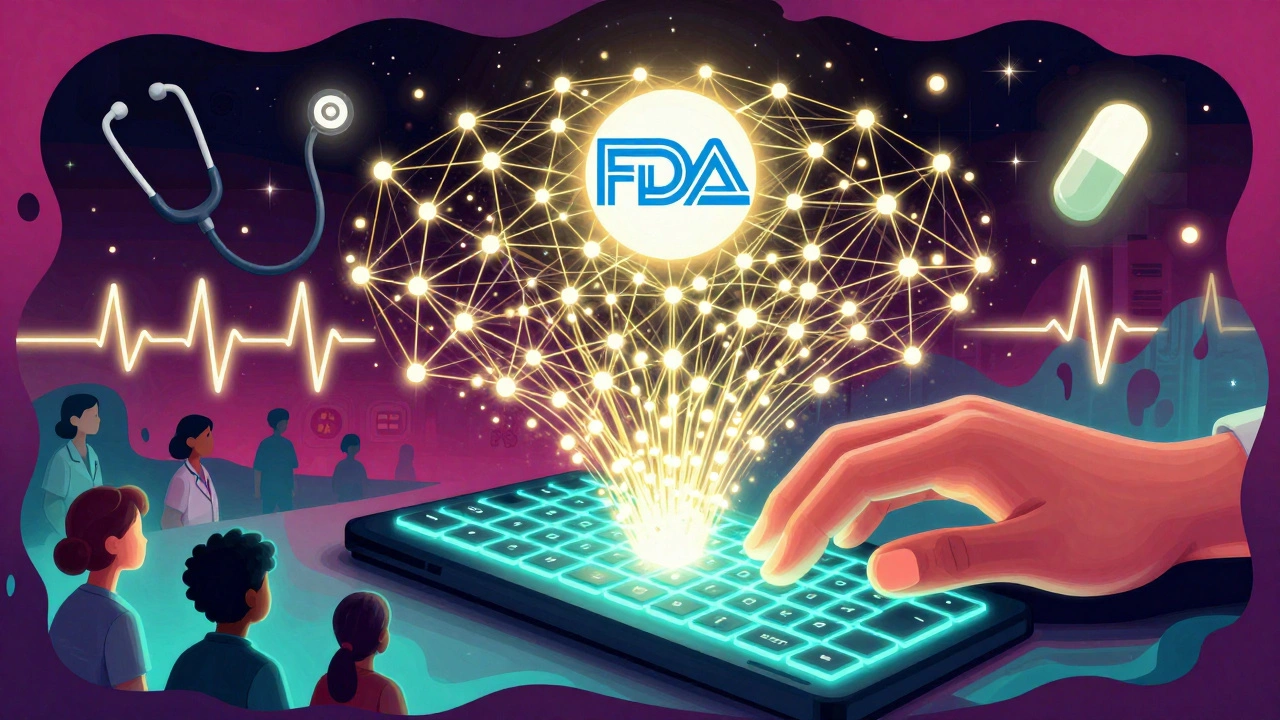 A hand typing on a glowing keyboard, sending data particles that form a web connecting to an FDA icon in space.