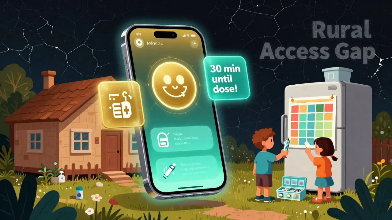 A holographic medication app alert above a family using color-coded charts and oral syringes, with a fading 'rural access gap' in the background.