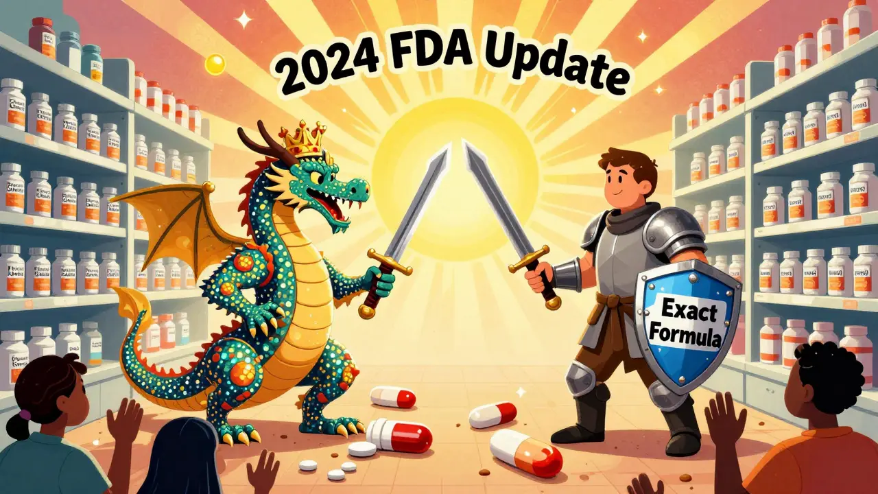 A knight in plain armor battles a brand-name dragon with identical pills as swords, on a pharmacy shelf battlefield under a rising sun.