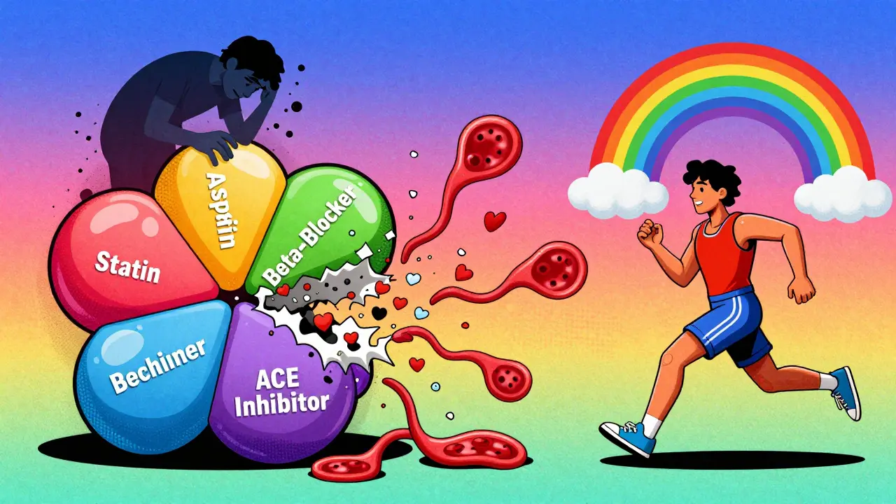A multi-segment polypill explodes into heart confetti as a stressed patient fades away, replaced by a healthy figure.