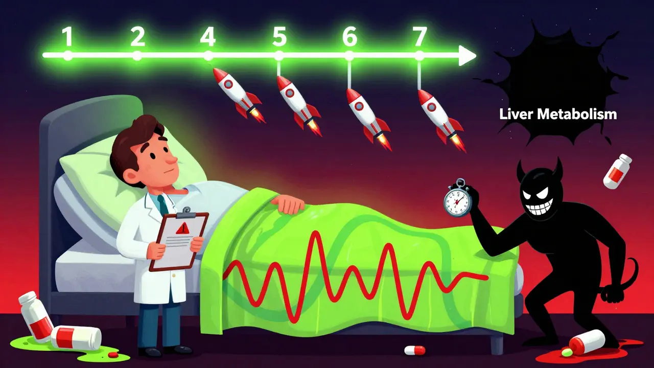 A patient's drug levels plummeting over time as rifampin activates liver enzymes in a neon psychedelic style.
