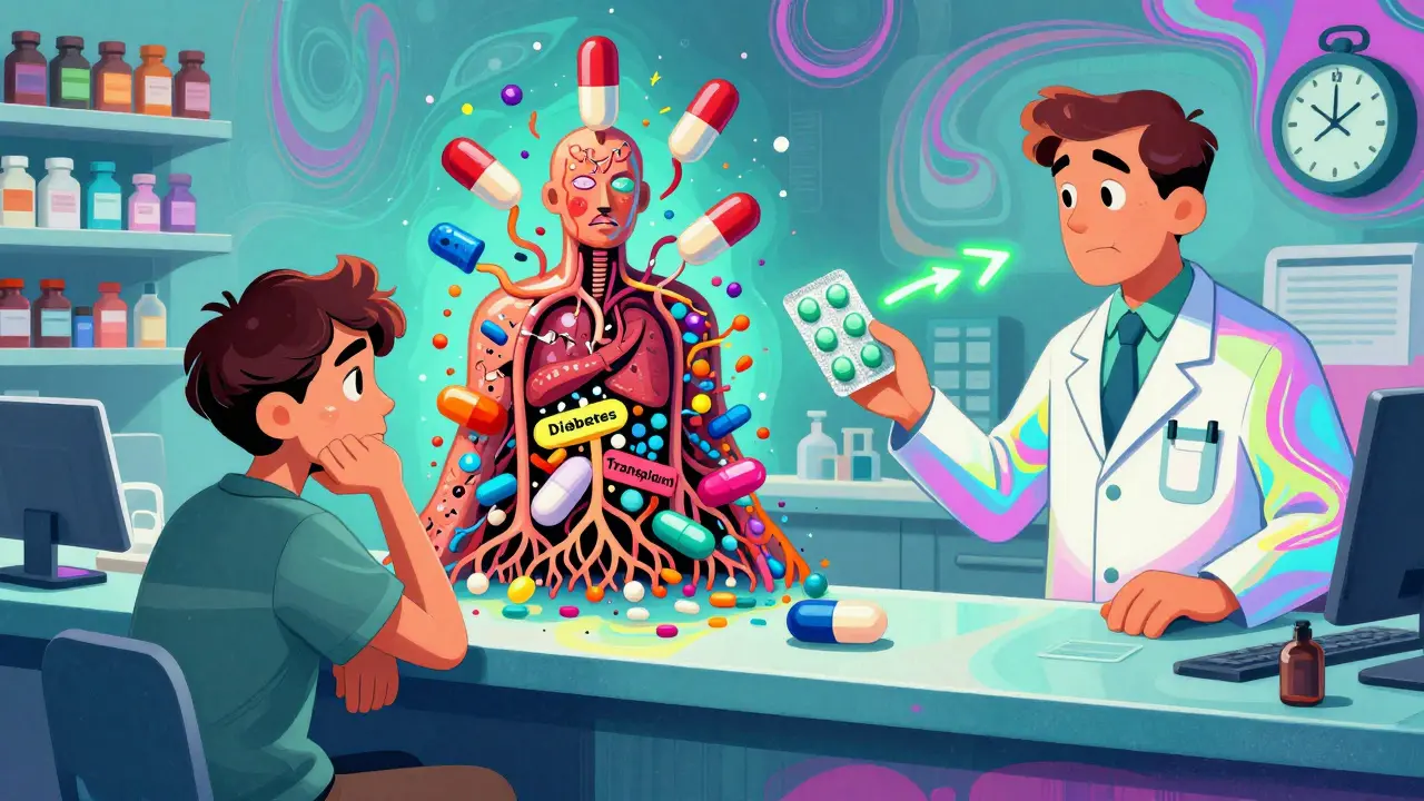 A patient faces a mountain of pills whose roots damage their body, while a pharmacist offers a simple blister pack with glowing reminders.