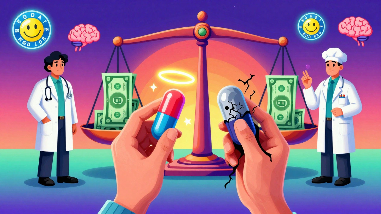 A patient holding two pills with opposing energies, surrounded by medical symbols and a scale balancing cost against health in vibrant neon colors.