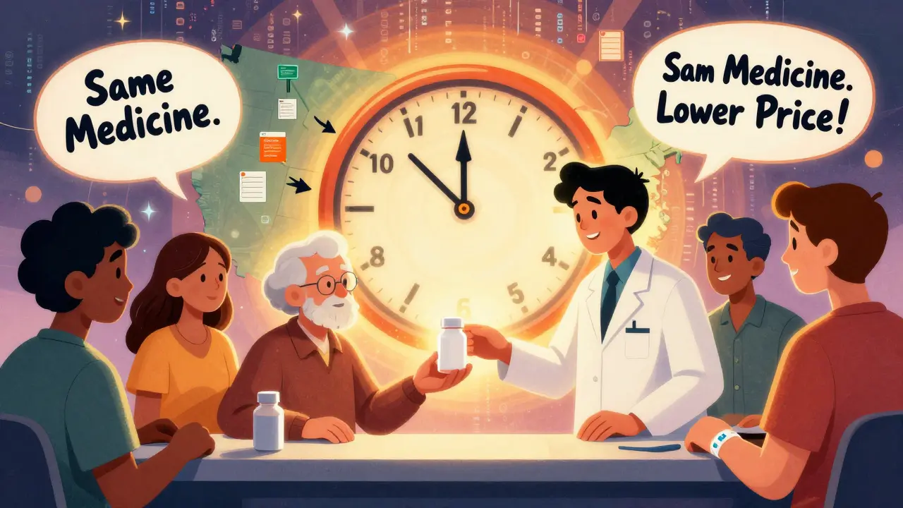 A pharmacist hands a plain pill bottle to diverse patients, bathed in light, with floating symbols of cost savings and FDA updates.