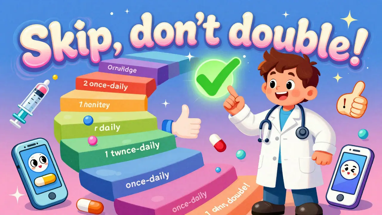 A rainbow medication schedule staircase with a green checkmark guiding parents to skip rather than double missed doses.