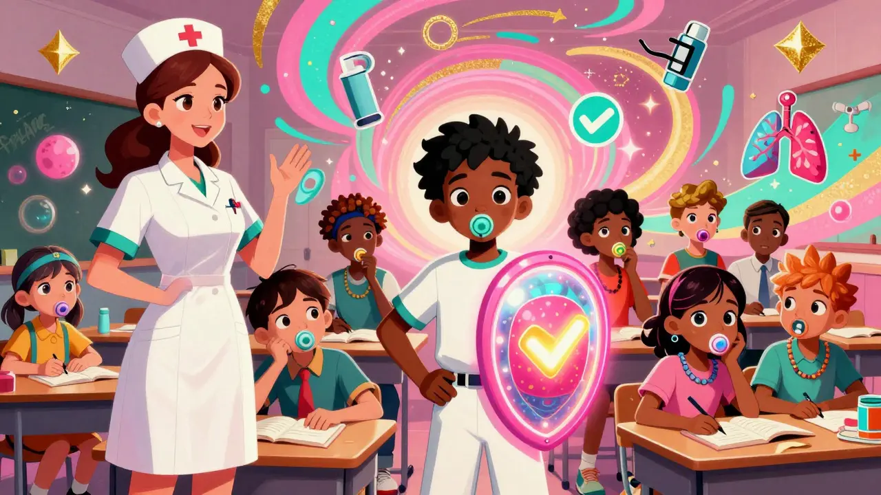 A school nurse and students in a classroom, each wearing creative spacers as accessories, with floating medical icons in a vibrant cosmic swirl.