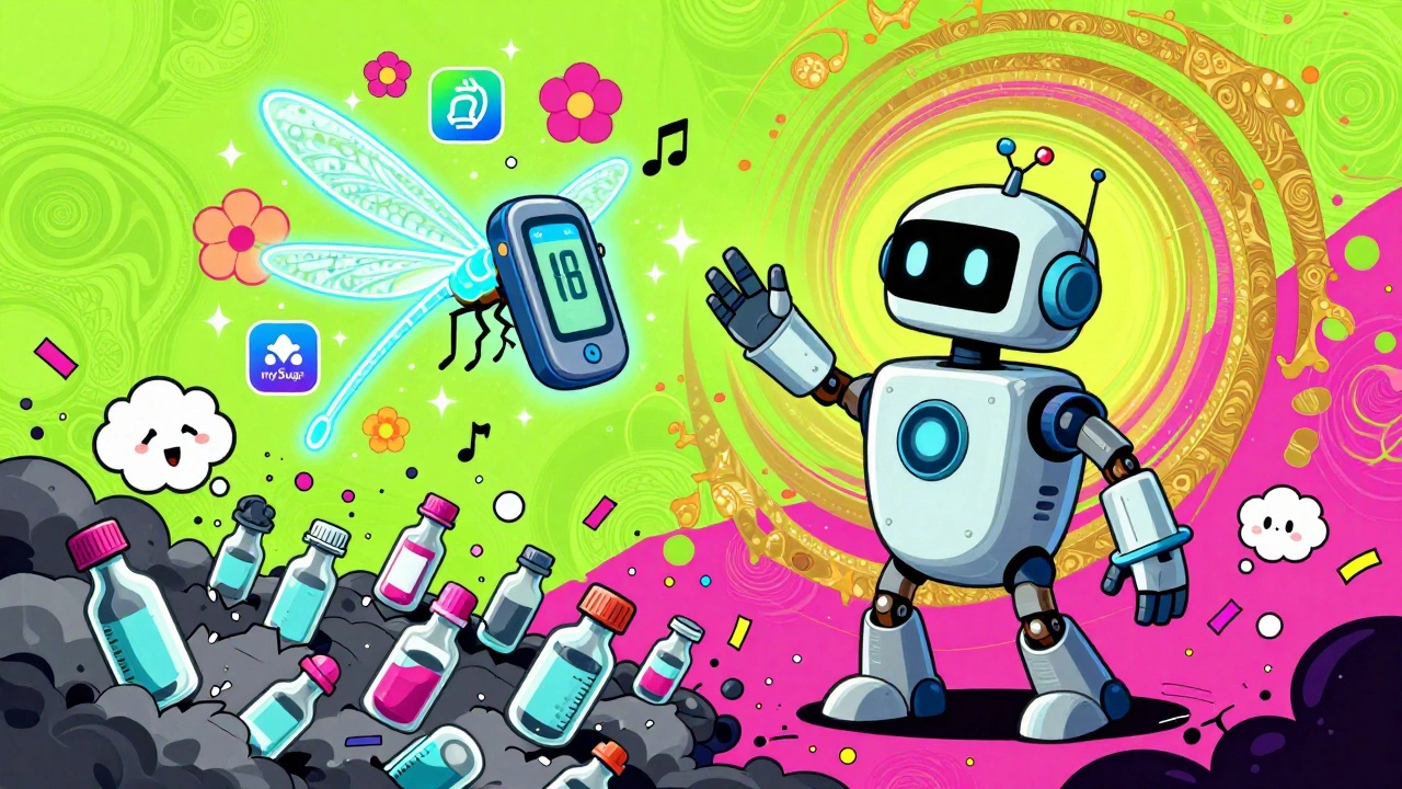 A smart insulin pen robot high-fives a dragonfly-shaped CGM, surrounded by blooming app icons as outdated tools shatter.