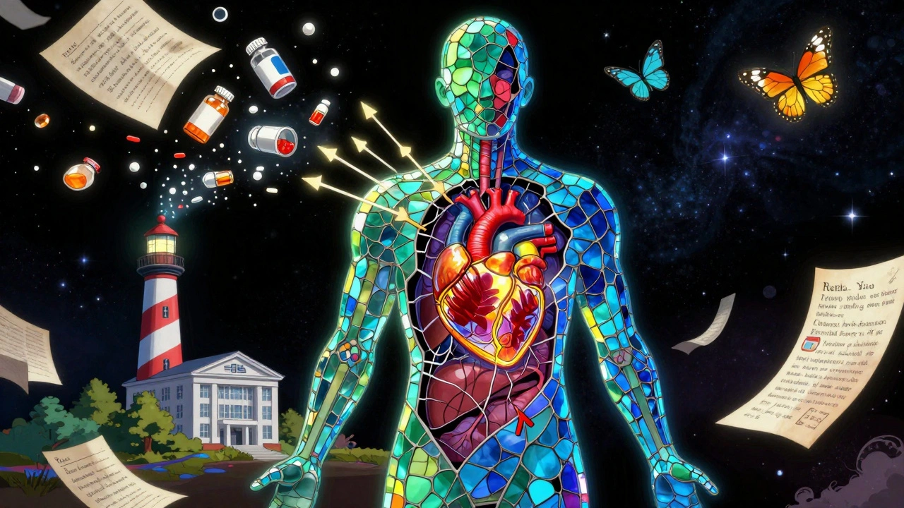 A stained-glass human body cracked open, with organs emitting light toward a lighthouse-shaped FDA building.