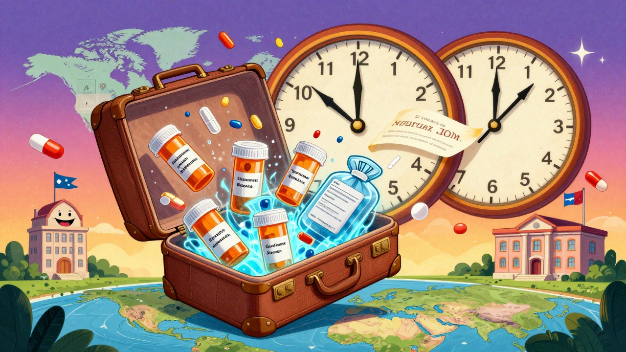 A suitcase explodes mid-air spilling meds, a cooling pack, and a doctor’s letter over a glowing world map with dual time zones.