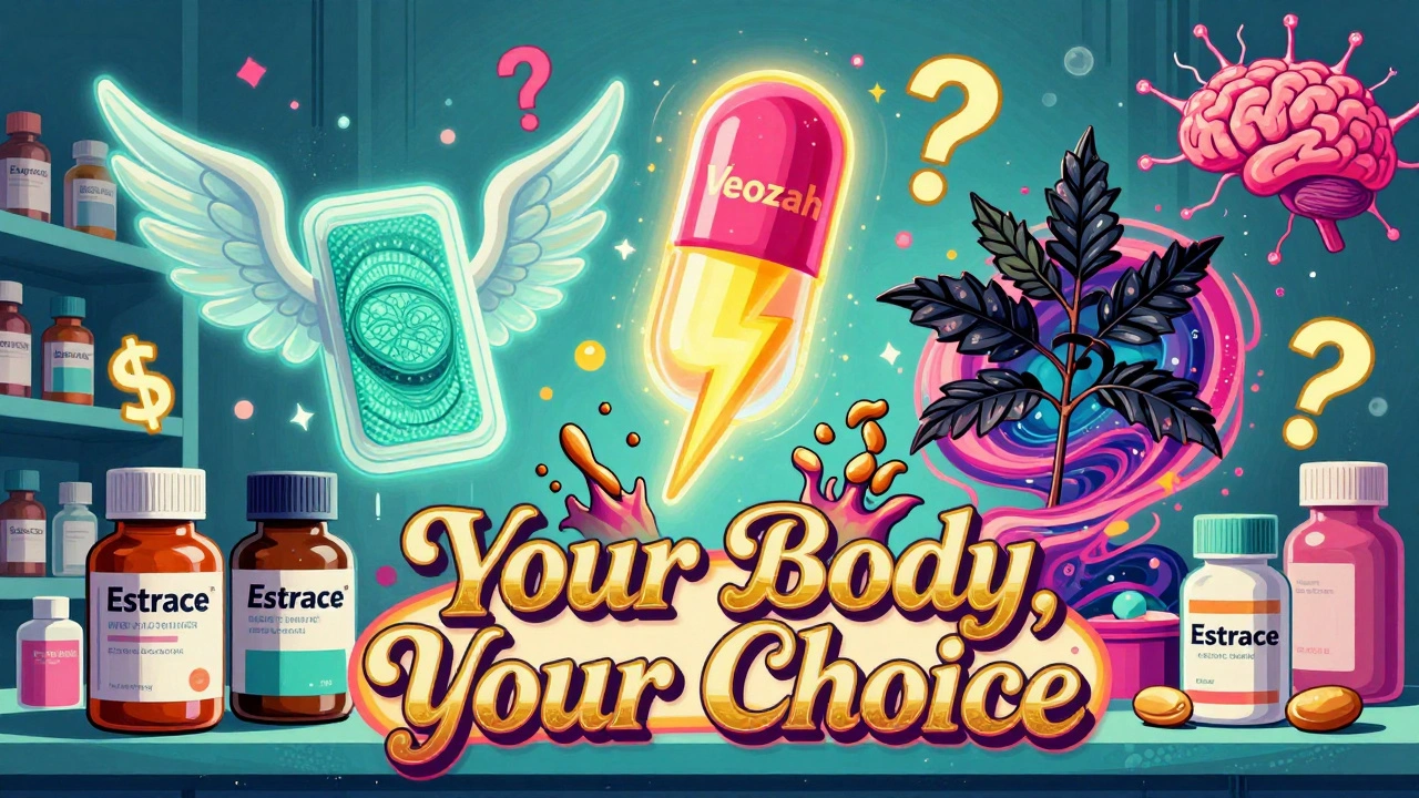 A surreal pharmacy shelf with towering hormone alternatives, glowing symbols, and a &#039;Your Body, Your Choice&#039; banner in psychedelic colors.