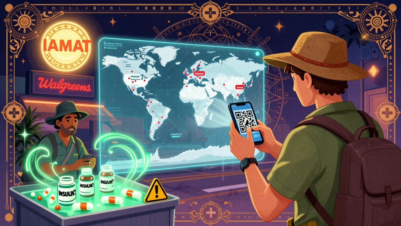 A traveler scans a phone to reveal a holographic global map of vetted pharmacies, while fake pills glow dangerously nearby.