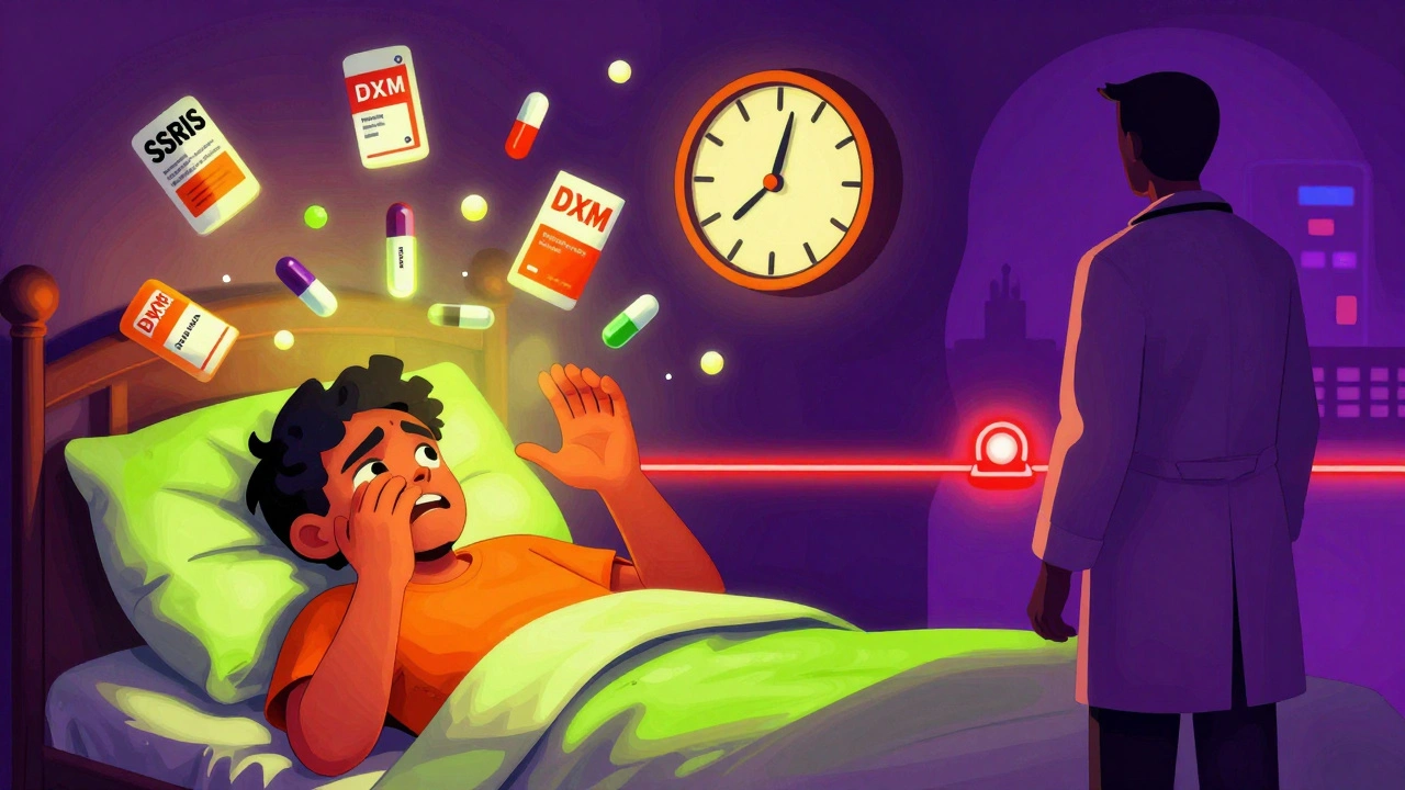 A trembling hand reaching for help amid floating medication labels and a spinning clock, under glowing neon warning tones.